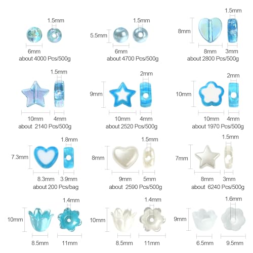 LiQunSweet 430 Pcs 12 Styles Blue White Acrylic Imitation Pearl Flower Star Heart Round Beads for DIY Jewelry Making Gift - color: Blue White Acrylic Beads_12 Styles_430Pcs
