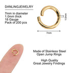 DanLingJewelry 200Pcs 304 Stainless Steel 19 Gauge Open Jump Rings 7mm for Jewelry Making Connectors Jewelry Finding Golden Color - color: 200 pcs - ф7mm δ 1mm - Golden
