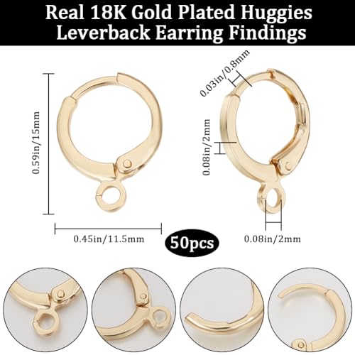 Beebeecraft 1 Box 50Pcs Round Earring Hooks 18K Gold Plated French Earring Hooks Huggies Leverback Findings 15x11.5mm for Jewelry Making - color: 15x11.5mm Round Earring Hooks