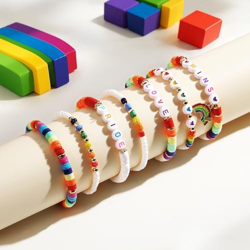 Emibele Colorful Stretch Bracelet Stack Boho Beaded Bracelet Set Heishi Surfer Bracelet Stackable Y2K Trendy Jewelry Friendship Multiple Set Women Fans - style: Pride