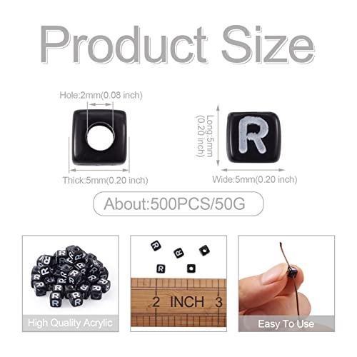 FASHEWELRY 500Pcs Cube Acrylic Letter Beads 5x5x5mm Black Square Letter R Alphabet Beads for DIY Bracelet Necklace Jewelry Making - color: Letter R