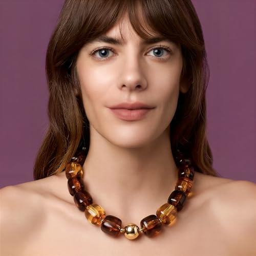 Chunky Necklaces for Women, Trendy Colorful Square Acrylic Resin Beads Statement Choker Necklace, Lightweight Boho Summer Beach Vacation Jewelry - color: amber color