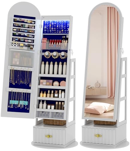 Vlsrka 6 LEDs Mirror Jewelry Cabinet, 360° Swivel Full Length Mirror with Storage, Lockable Jewelry Armoire Cabinet Standing, Large Drawers Jewelry Organizer Mirror for Christmas Gift, White - color: W-White-1
