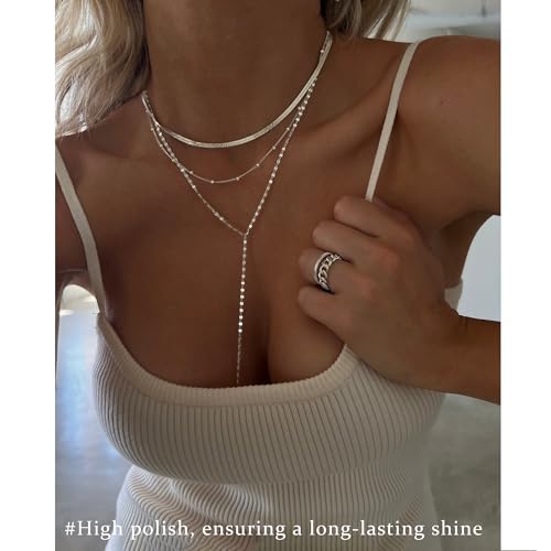 3PCS Gold Necklaces for Women,Chunky Statement Gold Plated Necklace Stack Layered Sterling Silver Herringbone Chains for Women Dainty Trendy Silver Chains Stacked Jewelry Gifts - color: silver Y-necklace set