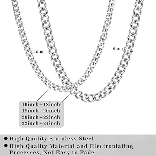 2PCS Cuban Link Chain Set for Men - Gold/Silver Plated Stainless Steel Layered Chain Necklace Non-Tarnish Jewelry Gift 16"/18", 18"/20", 20"/22", 22"/24" - color: Silver Chain, size: 20inch+22inch