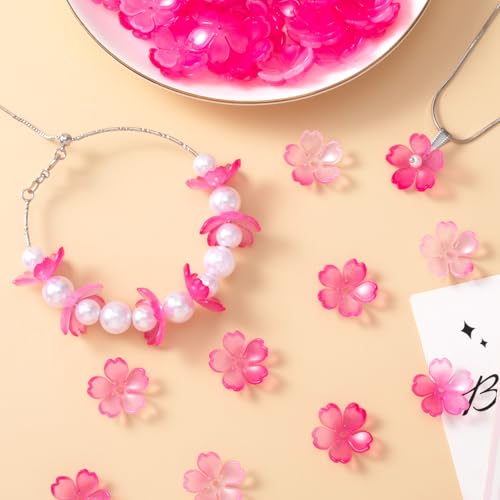 100pcs Cherry Blossom Beads, 5-Petal Gradient Acrylic Flower Beads, Mini Spacer Hair Accessories Halloween Christmas for Bracelets Earring Jewelry Making- Pink - color: Pink