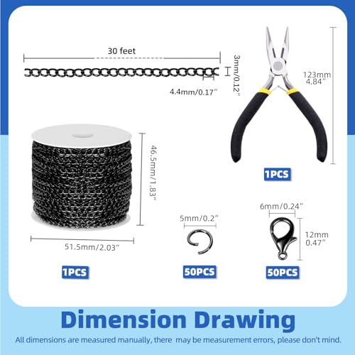 Glarks 102Pcs 30 Feet Jewelry Chains Set Black Cable Link Chains Link Rolls Bulk Twisted Links Chain Necklace Jewelry Making Chains with Lobster Clasps and Jump Rings for Necklace Jewelry Making - color: Black