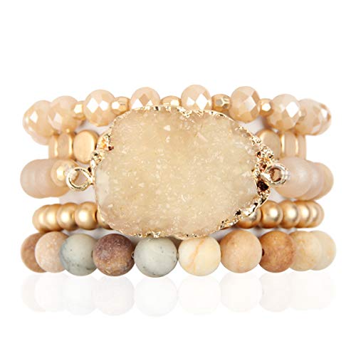 RIAH FASHION Bohemian Acrylic Druzy Multi-Layer Bead Statement Bracelet - Versatile Faux Stone Pendant Stretch Strand Stackable Cuff Bangle Set Sparkly Crystal - color: Acrylic Druzy & Natural Stone Bead Brown Jasper