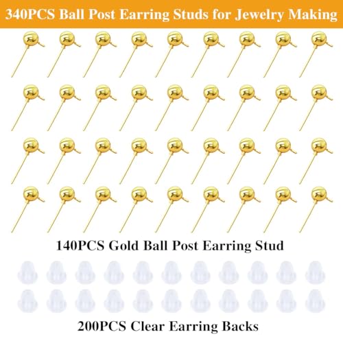 340PCS Ball Earring Studs and Backs for Jewelry Making, 140PCS Round Balls Post Earring Studs with Loop and and 200PCS Clear Backs for DIY Jewelry Making(K Gold) - color: gold