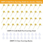 340PCS Ball Earring Studs and Backs for Jewelry Making, 140PCS Round Balls Post Earring Studs with Loop and and 200PCS Clear Backs for DIY Jewelry Making(K Gold) - color: gold