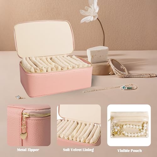 Travel Jewelry Case, Portable Jewelry Box with 6 Jewelry Bags,Travel Gift for Women Teen Girls (Pink 12 Pcs) - color: Pink 12 Pcs