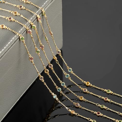 YOUBEIYEE 16.4 Feet Colorful Crystal Chain for Jewelry Making 18K Gold Plated Brass Jewelry Chains Bulk Light Gold Bar Chain Link Necklace Bracelet DIY for Women - color: Rhinestone