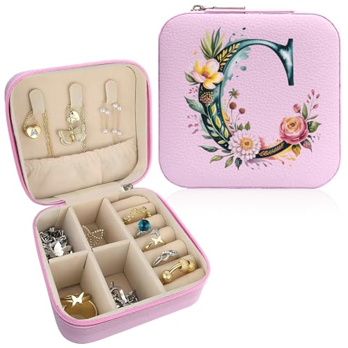 Monogram Jewelry Box Portable Print Jewelry Box, Pink Compact Jewelry Box Travel Jewelry Case Travel Case Organizer Bag Storage Box Jewelry Holder For Necklace Earrings Rings Bracelet (Letter C) - color: Letter C