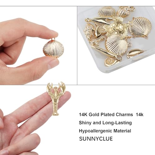SUNNYCLUE 1 Box 54g Real 14K Gold Plated Charms Bulk Gold Summer Ocean Charm 16Pcs Sea Theme Marine Life Charms Starfish Shell Charm Pendant for DIY Christmas Earring Bracelet Jewelry Making Supplies - color: 14K Gold Plated Charms