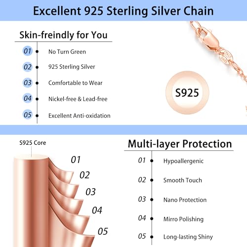 Jewlpire 18k Gold Plated 925 Sterling Silver Chain Necklace for Women, 1.1mm Cable Chains Necklace Thin & Dainty & Sturdy Women's Chain Necklaces, 14/16/17/18/20/22/24 Inches - color: 18K Rose Gold Plated, size: 17 Inch