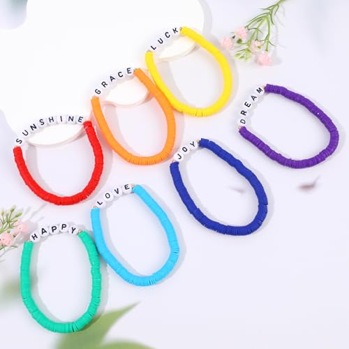 Rainbow Heishi Surfer Bracelets Set for Women Stackable Clay Beaded Bracelets Disc Stretch Preppy Bracelets Layering Colorful Friendship Bracelets Team Cheer Bulk Boho Summer Beach Jewelry Gift - style: LUCK