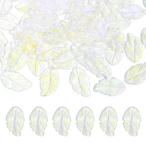 PATIKIL Glass Leaf Beads, 100Pcs Cute Crystal Leaf Charms, Translucent Czech Spacer Beads for DIY Jewelry Making Bracelets Necklace Wind Chimes Suncatchers, Blue Golden - color: Blue Golden