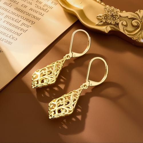 925 Sterling Silver Dangle Earrings for Women, 14K Gold Plated Filigree Dangling Leverback Earrings, Geometric Hypoallergenic Lightweight Dangly Drop Earings for Women Trendy Jewelry Gifts - color: A-14K Gold