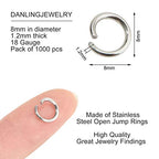DanLingJewelry 1000 pcs 304 Stainless Steel 18 Gauge Open Jump Rings 8mm for Jewelry Making Connectors Jewelry Finding - color: 1000 pcs - ф8mm δ 1.2mm
