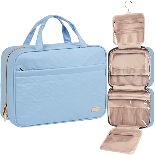 NISHEL Travel Toiletry Bag for women, Portable Hanging Organizer for Family-Sized Shampoo, Conditioner, Brushes Set, Makeup Accessories, Extra Large Size, Placid-Blue - color: Placid-Blue, size: Extra-Large