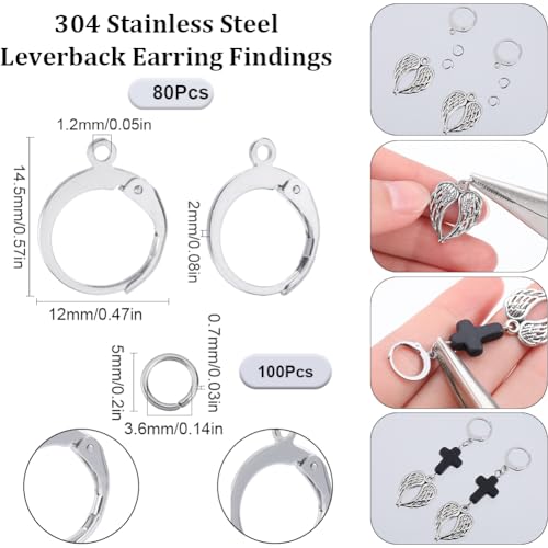 SUNNYCLUE 1 Box 180Pcs Earring Findings Kit 80Pcs 304 Stainless Steel Leverback Earring Hooks 100Pcs Open Jump Rings Lever Back Round Huggie Hoops Leverbacks Earrings Clasps for Jewelry Making Kits - color: 80pcs Stainless Steel Leverbacks & 100pcs Open J
