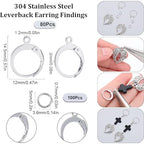 SUNNYCLUE 1 Box 180Pcs Earring Findings Kit 80Pcs 304 Stainless Steel Leverback Earring Hooks 100Pcs Open Jump Rings Lever Back Round Huggie Hoops Leverbacks Earrings Clasps for Jewelry Making Kits - color: 80pcs Stainless Steel Leverbacks & 100pcs Open J