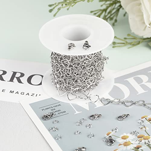 YOUBEIYEE 16.4 Feet Silver Plated Heart Chain Brass Handmade Embossed Link Chains Bulk on Spool with Open Jump Rings Lobster Clasps for Bracelet Necklace Jewelry Making - color: Silver Hollow Heart