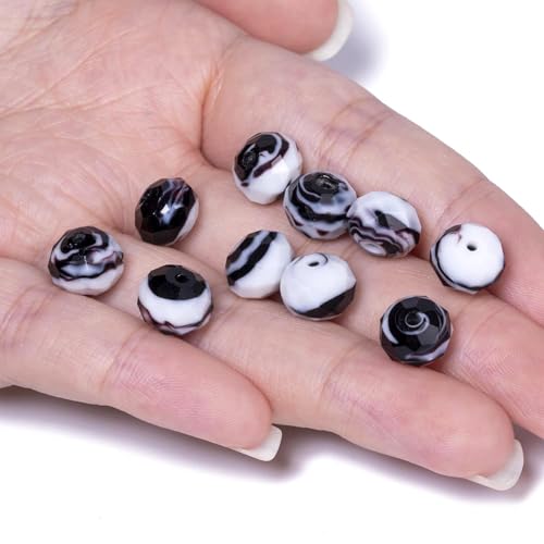 7.5×10mm 50pcs Black White Faceted Lampwork Glass Beads for Jewelry Making, Flat Round Handmade Murano Beads for Bracelets, Crafts, Friendship Bracelet Kit, Rosary Making - color: Black White