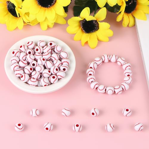100pcs Baseball Beads with 5.5 Yard Elastic Rope,Acrylic Softball Beads Sports Bead DIY Spacer for Necklace Bracelet Keychains Handmade Jewelry Making Accessories Craft Supplies,12mm(White) - color: White Baseball
