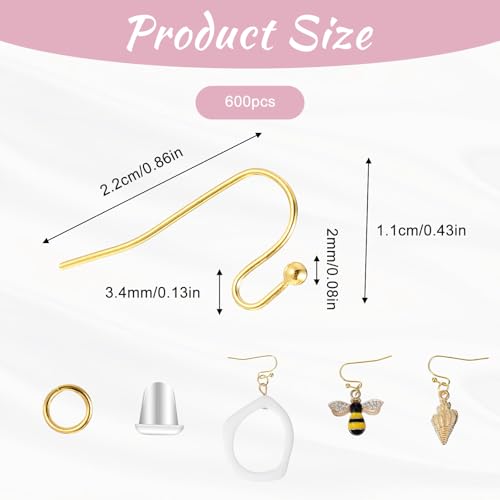 600 Pcs Earing Hooks, Stainless Steel Earring Making Kit Earrings Hooks Gold Earring Backs Jump Rings for Jewelry Making DIY Craft