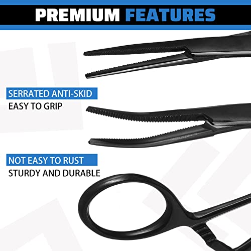 BBTO Hemostat Curved and Straight Hemostat Forceps Piercing Pliers Forceps, Stainless Steel Straight and Curved Pliers, Fishing Tweezer(Black,2 Pcs) - color: Black
