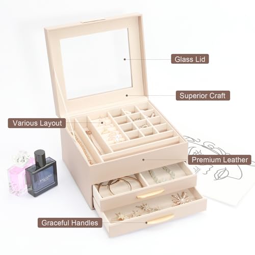 Jewelry Organizer Box, Jewelry Holder Organizer 3 Layers with 2 Drawers, Jewelry Boxes Display Earring Necklace Watch Bracelet and Rings - Glass Lid Apricot - color: A Glass Lid Apricot