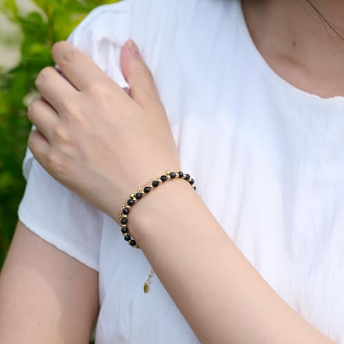 Farfume Crystal Bracelet Beaded Bracelets 4mm Natural Stone Beads Gemstone Handmade Jewelry Valentine's Day Gifts - color: Black Onyx-Strength & Focus