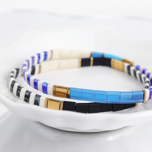Tila Beaded Stretch Strand Bracelets for Women, Cute Boho Stackable Handmade Colorful Mixed Flat Square Beads Elastic Beach Surfer Bracelet Trendy Jewelry Friend Gift - color: 0901F