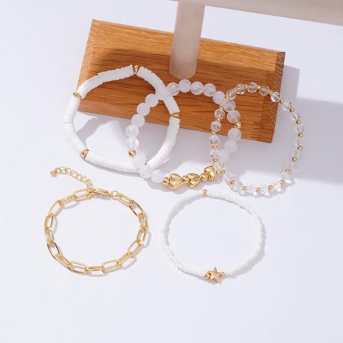 RISHEGAE Heishi Beaded Stretch Bracelets for Women Stackable Polymer Clay Beads Bracelets Friendship Boho Summer Beach Bracelet Jewelry Set - color: B-White Link