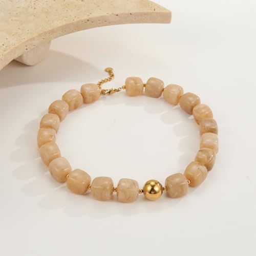 Chunky Acrylic Resin Beaded Necklace for Women Colorful Large Round Choker Adjustable Stack Acrylic Beads Necklace Resin Summer Party Jewelry - style: Apricot