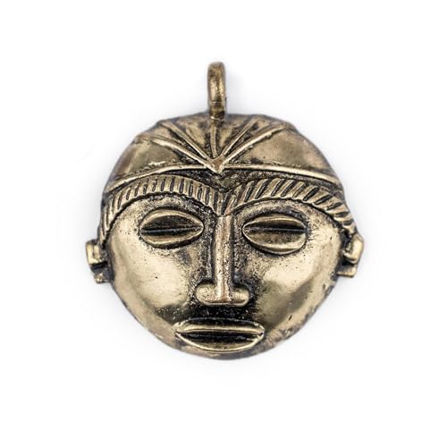 TheBeadChest Round African Brass Mask Pendant (58x62mm): Genuine West African Mask Design for DIY Jewelry & Necklaces - color: Brass, size: Medium (58x62mm)