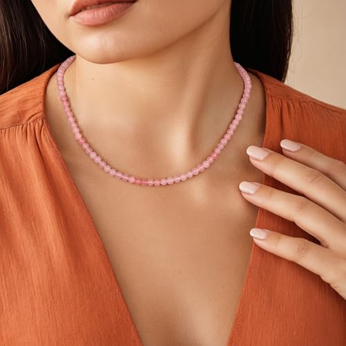 Crystal Choker Necklaces for Women,4mm Handmade Natural Stone Choker Beaded Necklace Healing Crystal Necklace Gemstone Bead Necklaces for Women - color: Rose Quartz