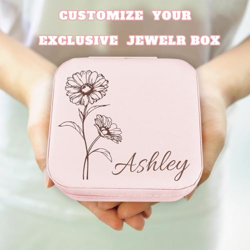 Personalized Travel Jewelry Box,Custom Leather Jewelry Case with Name and Birth Flower,Customized Birthday Valentines Day Gifts for Women Bridesmaid Girls - color: Style 01