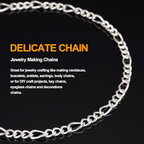 KYUNHOO 13 FT/4M Silver Plated Jewelry Chain Roll Figaro Curb Links Necklace Chains Bulk with Lobster Clasps Jump Rings for Women Men Making Jewelry Crafts - color: Figaro Silver
