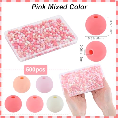 1 Box 500Pcs Candy Color Acrylic Beads Round Frosted Bead Bulk 8mm Plastic Balls Pastel Matte Mix Gumball Loose Spacer Beads for Jewelry Making Bracelets Necklaces Earrings Keychain Adult - color: Pink
