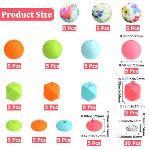 1 Box 97PCS Silicone Beads Kit Focal Round Hexagon Rondelle Rhinestone Assorted Pink Orange Green Spacer Loose Bead Charm Bulk for Jewelry Making Necklace Bracelet Keychain Diy Craft Supply