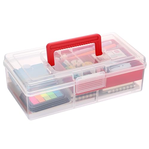 JUXYES Plastic Fishing Tackle Box Organizer with Removable Dividers, Clear Fishing Tackle Storage Boxes with Handle, 2 Layer Fishing Tackle Tray Box Lure Box, Red - color: Red