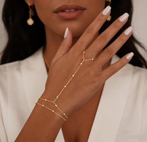 Gold Bracelets for Women Trendy, Dainty Gold Hand Chain Bracelet Stack 14k Gold Plated Finger Ring Bracelet Hand Chain Cz Layered Beaded Gold Bracelets for Women Non Tarnish Gold Jewelry Gift - style: beaded hand chain bracelet-gold