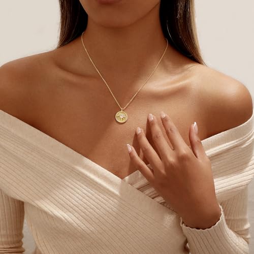 Tasiso Gold Pendant Necklace for Women 14K Gold Plated Coin CZ Pendant Necklace Adjustable Chain Disc Round Dainty Charm Necklace Trendy Jewelry Gift - style: Yuan