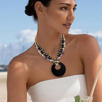 Coiris Shell Pendant Statement Strand Necklace for Women Boho Multi Beads Natural Stone Colorful Necklace Bohemian Handmade Chunky Shell Beaded Collar Jewelry for Women - color: Black