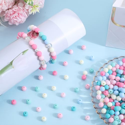 1 Box 500Pcs Rainbow Acrylic Beads Round Plastic Bead Bulk 8mm Candy Color Plastic Balls Bubble Gum Pastel Matte Loose Spacer Beads for Jewelry Making Bracelets Necklaces Earrings Adults - color: Pink, Blue