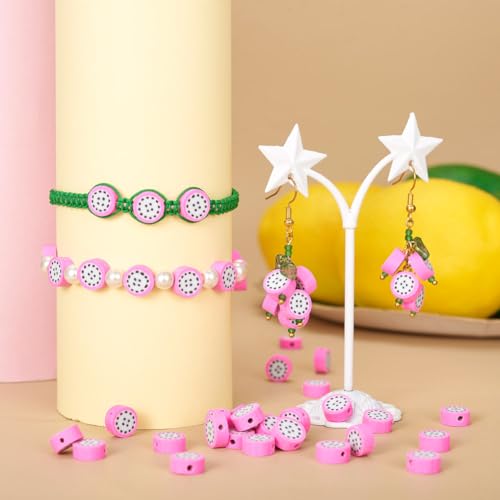 50PCS Handmade Polymer Clay Round Beads Pitaya Slice Dragon Fruit Loose Beads Fruit Theme Spacer Beads for DIY Bracelet Necklace Earring Charm Jewelry Making Hole 1.8mm - color: Pitaya Slice