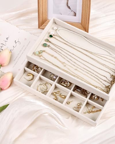 Stackable Jewelry Organizer Trays with Removable Dividers, 2-Tray Beige Jewelry Drawer Organizer Set for Earrings, Necklaces, Rings & Bracelets Gift for Her - size: 2 Layers