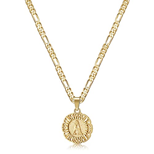 KissYan Initial Necklaces for Women, 14K Gold Plated Round Letter Pendant Capital Monogram Necklace Alphabets from A-Z Figaro Chain Jewelry - color: Gold, style: A Letter